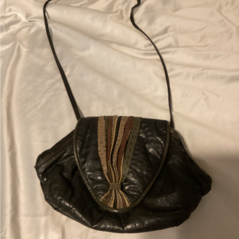 Vintage Black Leather Crossbody Bag with Multicolor Accents